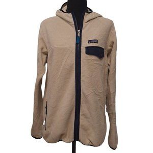 Patagonia Womens Synchilla Beige Wheat Navy Blue Mock Neck Hooded Jacket Size L